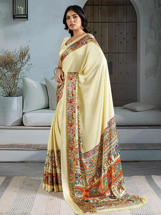 White Printed Ajarakh Satin Crepe Saree With Blouse Piece