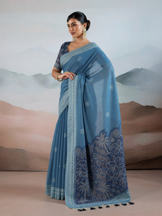 Blue Pure Viscose Cotton Handloom Weaving Saree With Blouse Piece