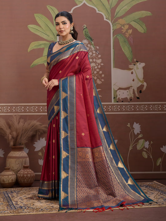 Red Tussar Silk Handloom Weaving Saree With Blouse Piece