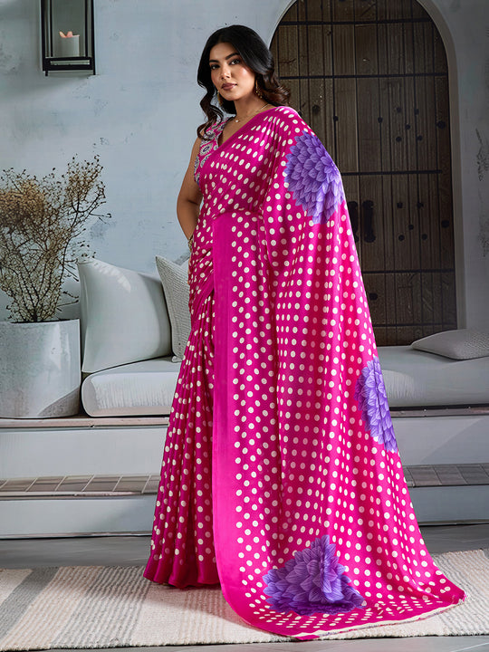 Pink Printed Ajarakh Satin Crepe Saree With Blouse Piece