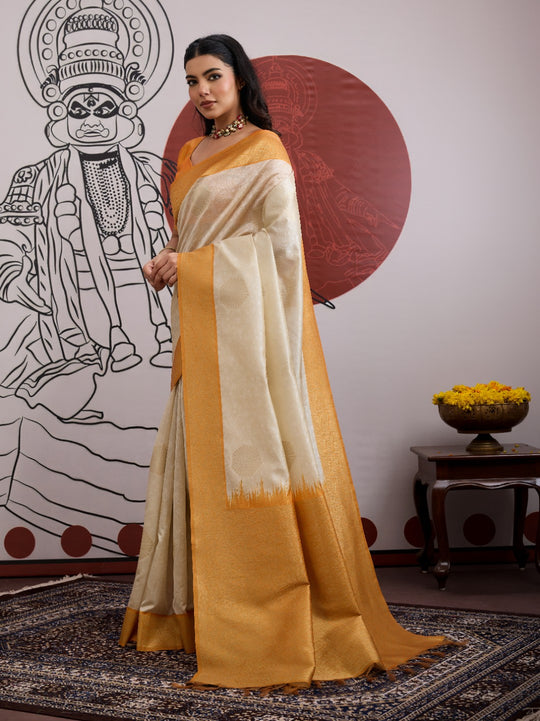 Yellow Handloom Weaving Paper Silk Saree With Blouse Piece