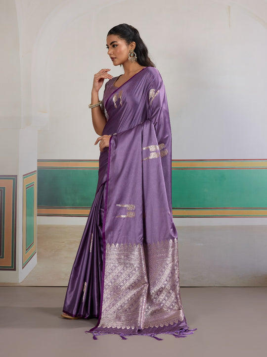 Purple Pure Satin Handloom Weaving Saree With Blouse Piece