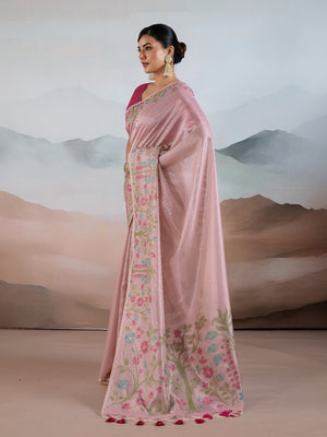 Selmon Pink Handloom Zari Tissue - Brasso Weaving Saree With Blouse Piece