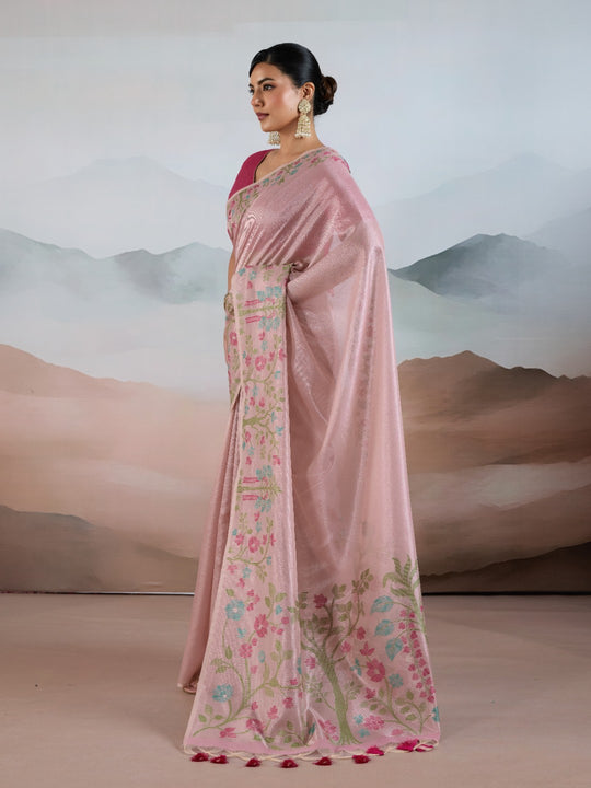 Selmon Pink Handloom Zari Tissue - Brasso Weaving Saree With Blouse Piece