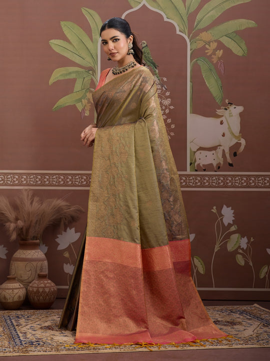 Grey Tussar Silk Handloom Weaving Saree With Blouse Piece
