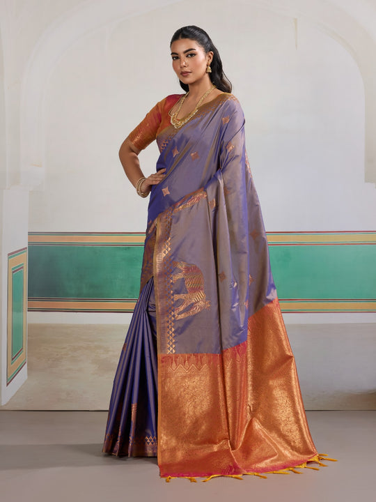 Purple Pure Silk Handloom Weaving Saree With Blouse Piece