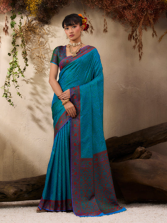 Blue Pure Kanjivaram Weaving Silk Saree With Blouse Piece