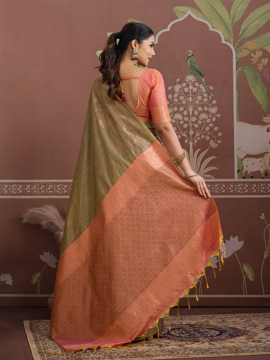 Grey Tussar Silk Handloom Weaving Saree With Blouse Piece