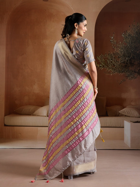 Grey Handwoven Bhagalpuri Weaving With Multi Pallu & Blouse Saree With Blouse Piece