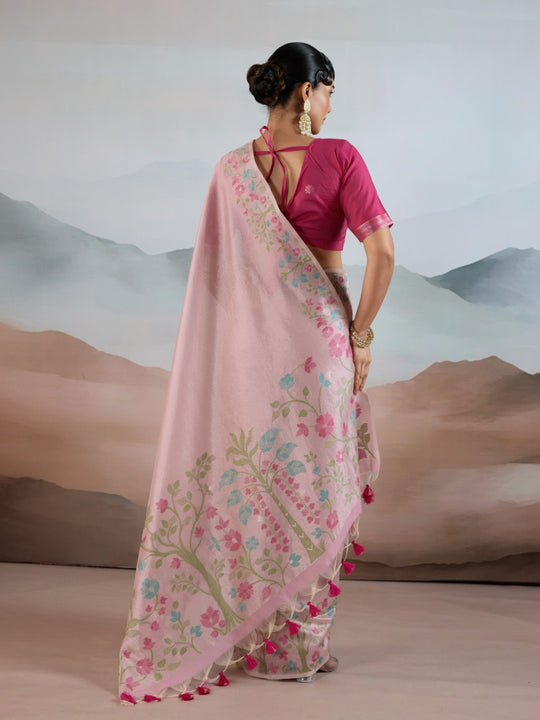 Selmon Pink Handloom Zari Tissue - Brasso Weaving Saree With Blouse Piece