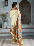 White Printed Ajarakh Satin Crepe Saree With Blouse Piece