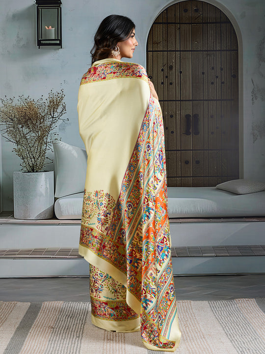 White Printed Ajarakh Satin Crepe Saree With Blouse Piece