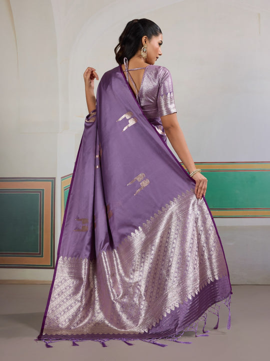 Purple Pure Satin Handloom Weaving Saree With Blouse Piece