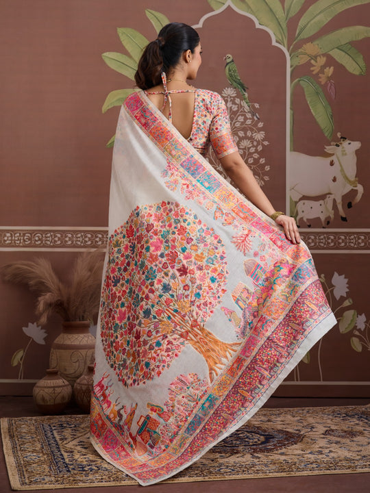 White Modal Cotton Pashmina Weaving Saree With Blouse Piece