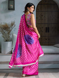 Pink Printed Ajarakh Satin Crepe Saree With Blouse Piece