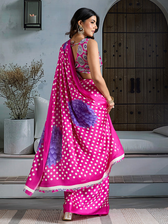 Pink Printed Ajarakh Satin Crepe Saree With Blouse Piece