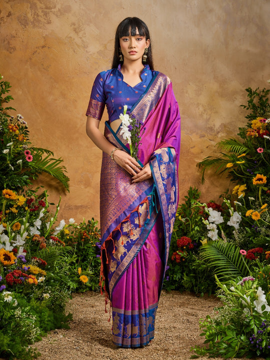 Pink Pure Silk Handloom Weaving Saree With Blouse Piece