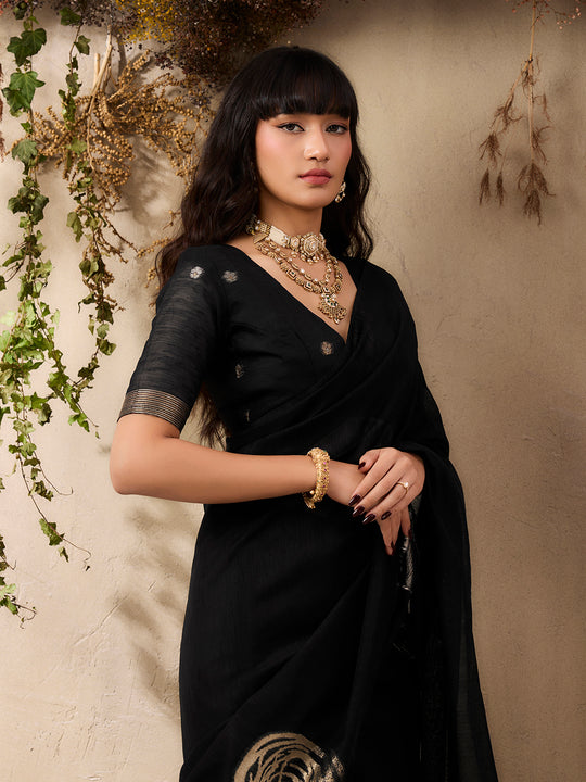 Black Pure Munga Silk Handloom Weaving Saree With Blouse Piece