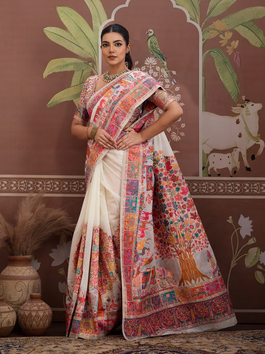 White Modal Cotton Pashmina Weaving Saree With Blouse Piece