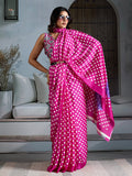 Pink Printed Ajarakh Satin Crepe Saree With Blouse Piece