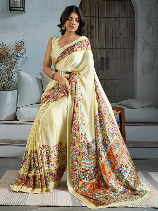 White Printed Ajarakh Satin Crepe Saree With Blouse Piece