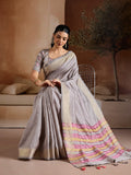 Grey Handwoven Bhagalpuri Weaving With Multi Pallu & Blouse Saree With Blouse Piece