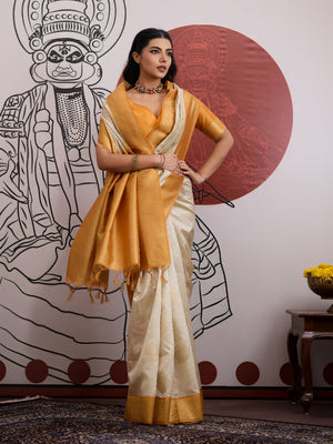 Yellow Handloom Weaving Paper Silk Saree With Blouse Piece