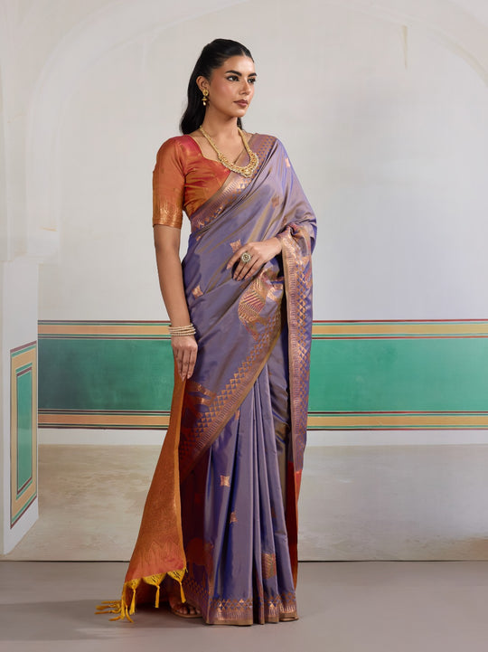 Purple Pure Silk Handloom Weaving Saree With Blouse Piece