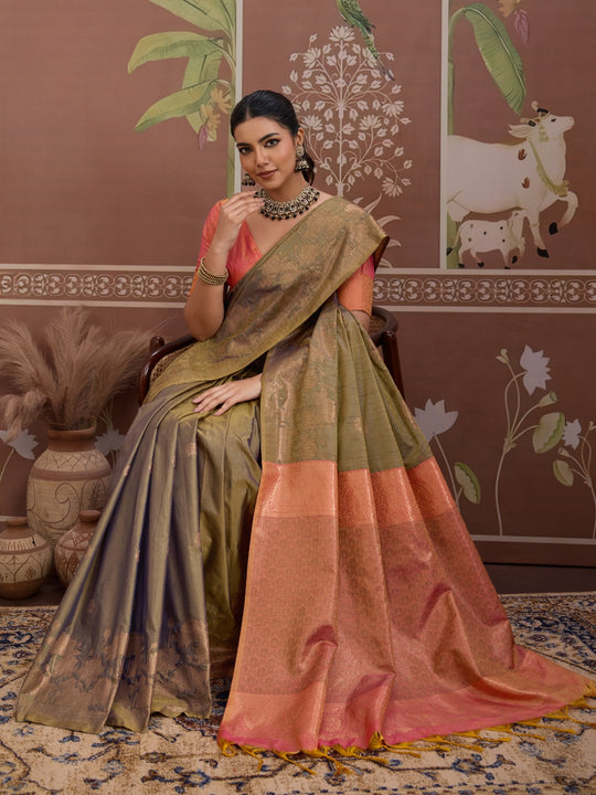Grey Tussar Silk Handloom Weaving Saree With Blouse Piece