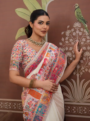 White Modal Cotton Pashmina Weaving Saree With Blouse Piece