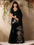 Black Pure Munga Silk Handloom Weaving Saree With Blouse Piece