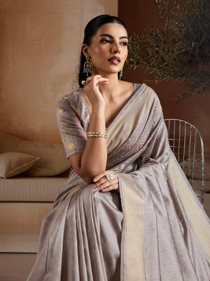 Grey Handwoven Bhagalpuri Weaving With Multi Pallu & Blouse Saree With Blouse Piece