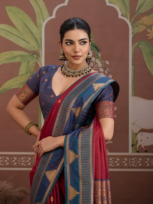 Red Tussar Silk Handloom Weaving Saree With Blouse Piece