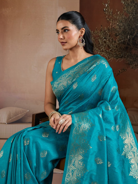 Blue Handloom Weaving Silk Saree With Blouse Piece