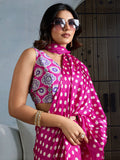 Pink Printed Ajarakh Satin Crepe Saree With Blouse Piece