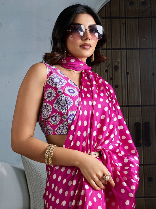 Pink Printed Ajarakh Satin Crepe Saree With Blouse Piece