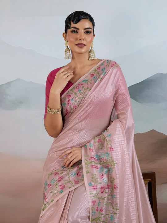 Selmon Pink Handloom Zari Tissue - Brasso Weaving Saree With Blouse Piece