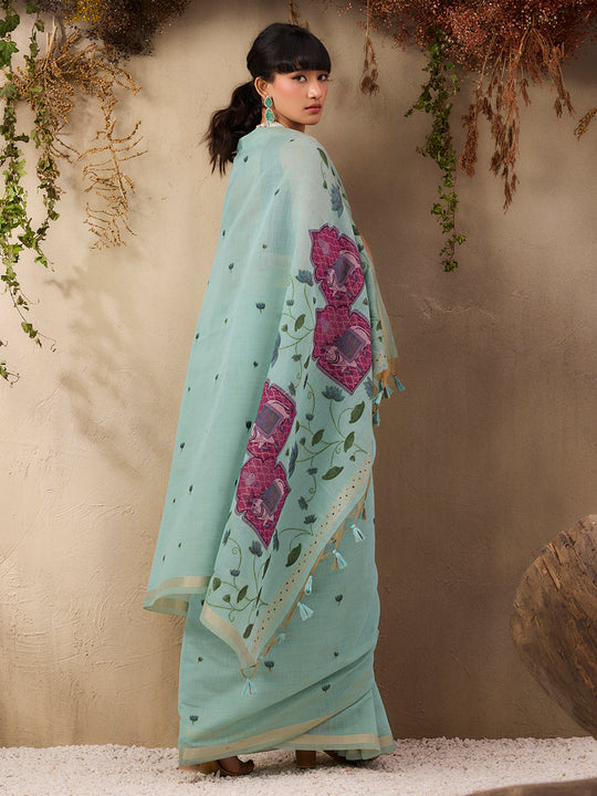 Blue Munga Cotton Handloom Weaving Saree With Blouse Piece