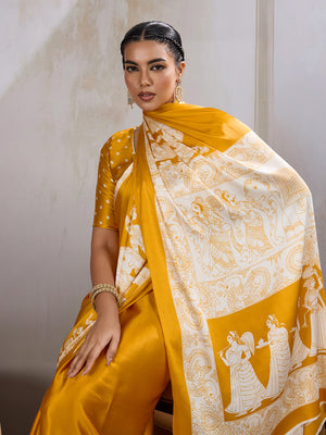 Yellow Printed Ajarakh Satin Crepe Saree With Blouse Piece