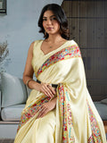 White Printed Ajarakh Satin Crepe Saree With Blouse Piece