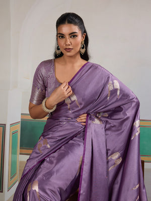 Purple Pure Satin Handloom Weaving Saree With Blouse Piece