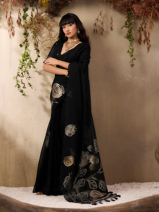Black Pure Munga Silk Handloom Weaving Saree With Blouse Piece