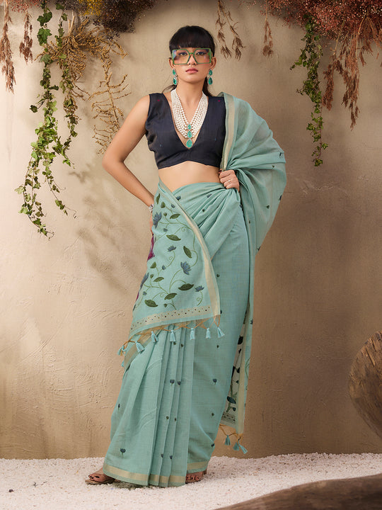 Blue Munga Cotton Handloom Weaving Saree With Blouse Piece