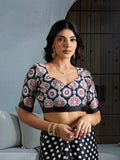Black Printed Ajarakh Satin Crepe Saree With Blouse Piece