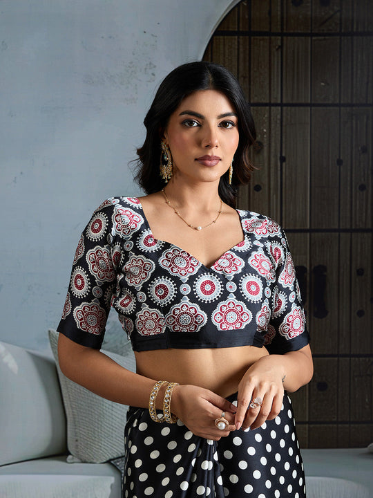 Black Printed Ajarakh Satin Crepe Saree With Blouse Piece