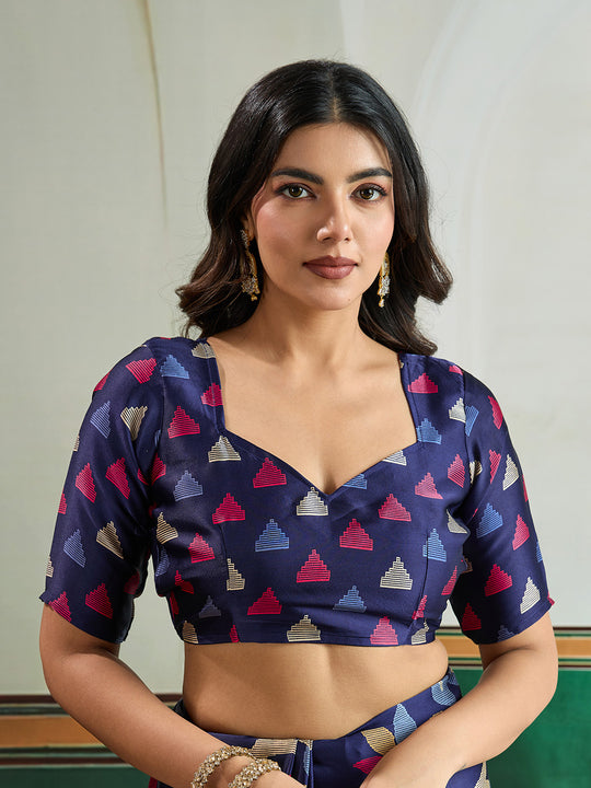 Blue Printed Ajarakh Satin Crepe Saree With Blouse Piece