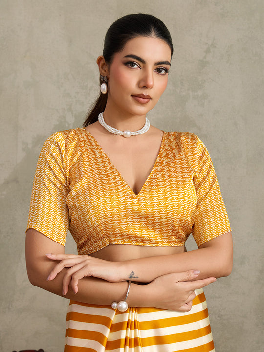 Yellow Printed Ajarakh Satin Crepe Saree With Blouse Piece