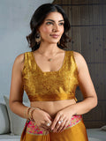 Yellow Printed Ajarakh Satin Crepe Saree With Blouse Piece