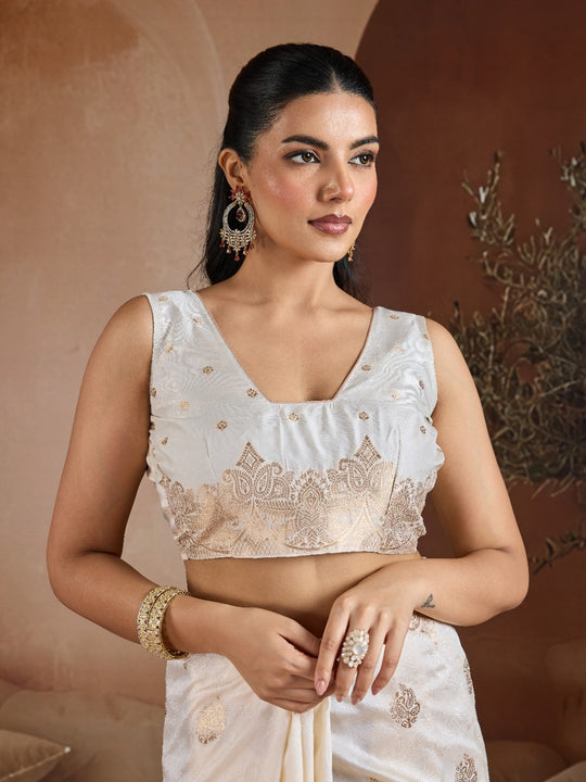 White Handloom Weaving Silk Saree With Blouse Piece