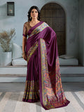 Wine Printed Ajarakh Satin Crepe Saree With Blouse Piece